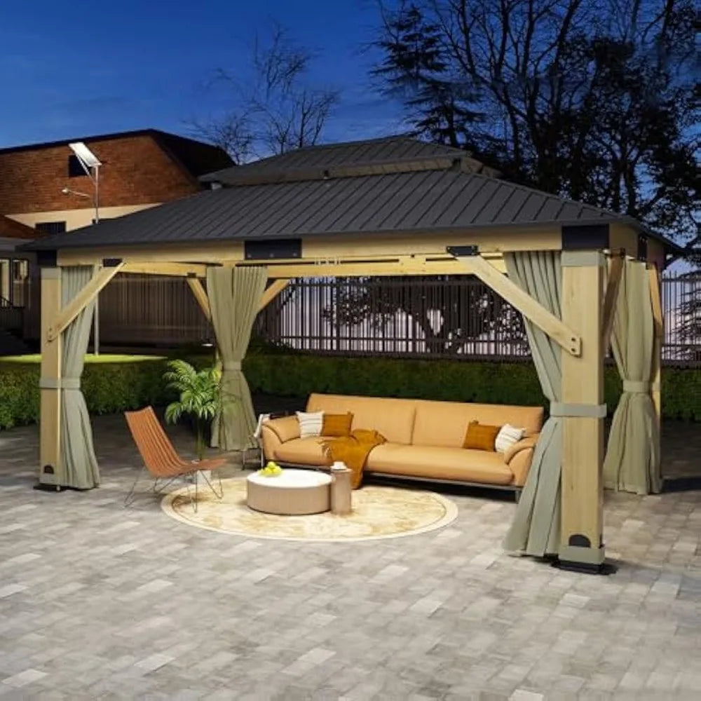 13x15'ft Sturdy Cedar Wood Gazebo w/ Galvanized Steel Ventilation Roof, Nettings + Curtains.