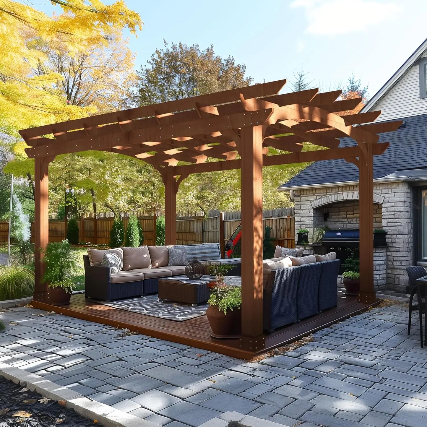 10x12 Gazebo Pergola w/ Stakes, Curved Top + Old Cedar Wood Weather Resistant Stain.