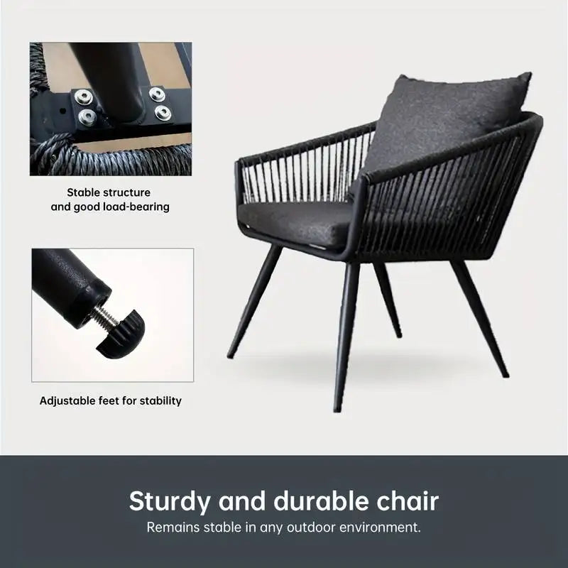 3pcs Aluminum Frame Woven Rope Design Chairs, Set of 2 w/ Cushions + GlassTop Side Table.
