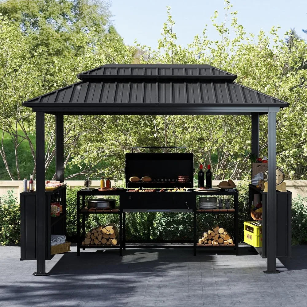 Galvanized Powder-Coated Steel Gazebo w/ 2-Tier Ventilated Roof + 2-Storage Cabinets