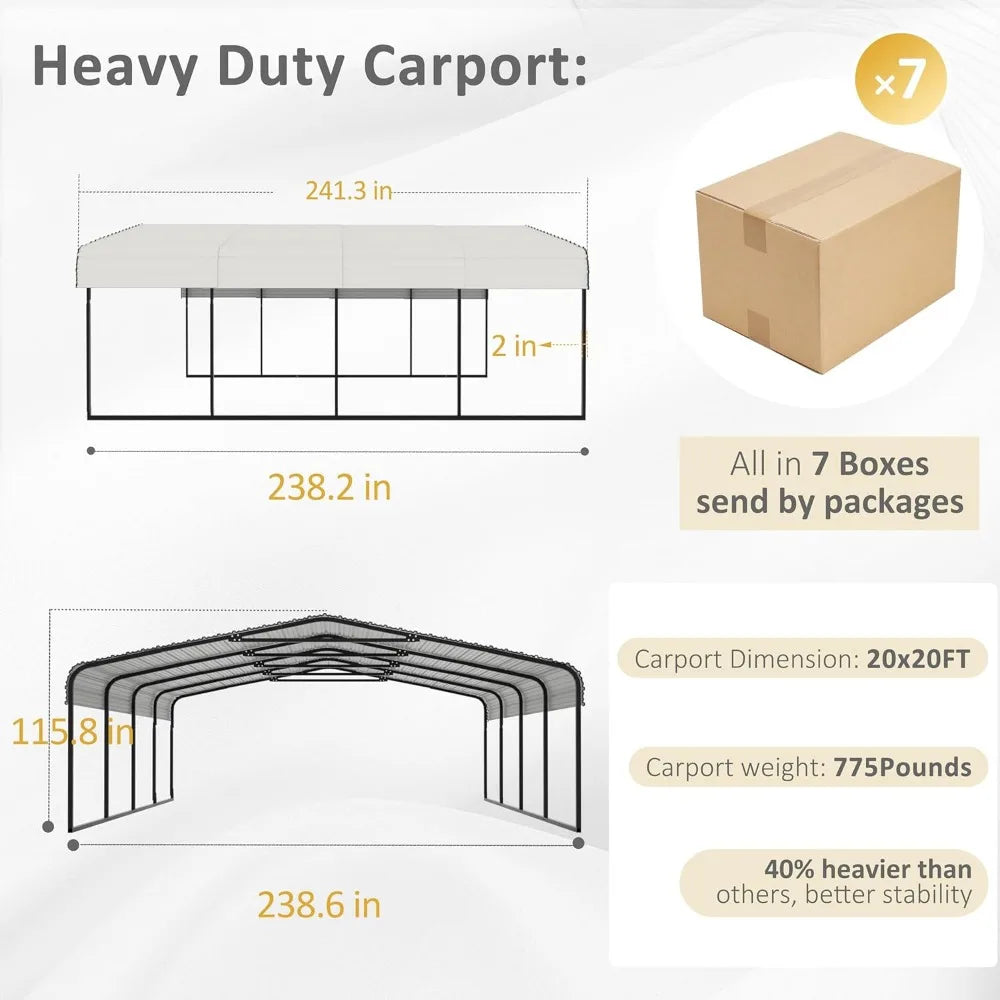 20x20 Heavy Duty Steel Metal Carport Canopy 20x20Structure w/ Innovative Assembly.