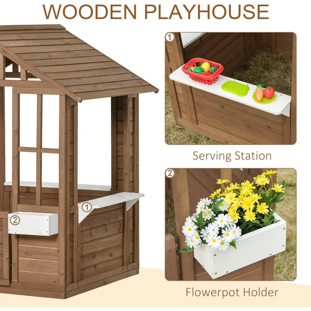 Fir Wood Garden Playhouse w/ Open Air Windows, Swing Door, Flower Boxes + Shelves.