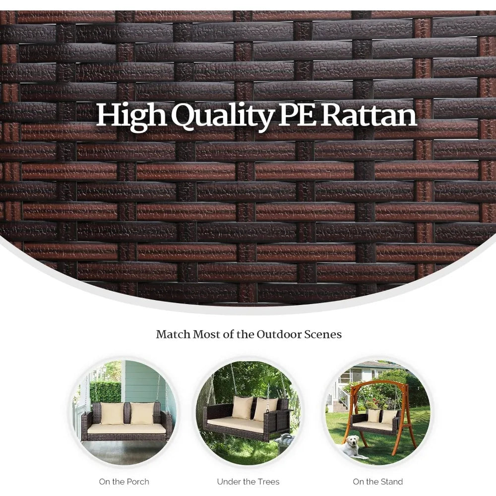 High Quality PE Wicker Rattan Hanging Bench Swing w/ Cushions + Hardware.