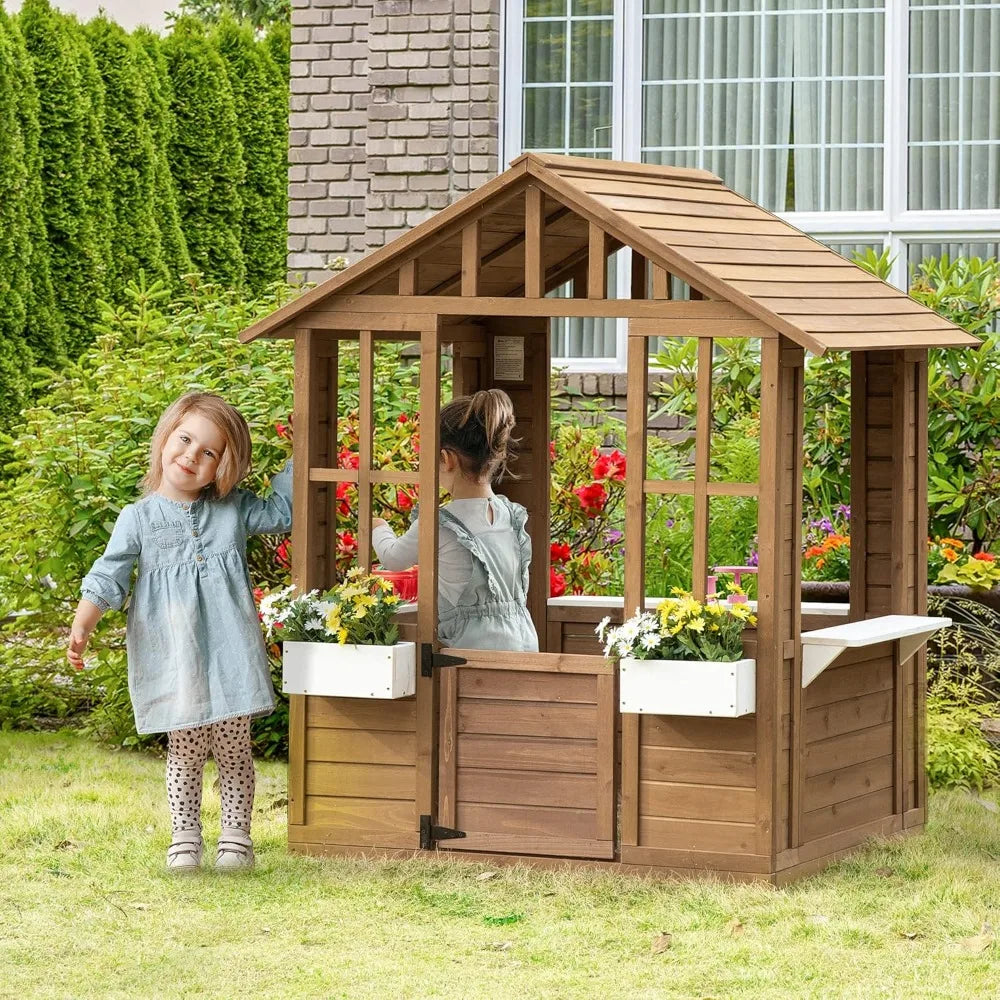 Fir Wood Garden Playhouse w/ Open Air Windows, Swing Door, Flower Boxes + Shelves.