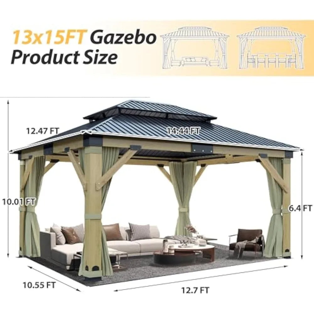 13x15'ft Sturdy Cedar Wood Gazebo w/ Galvanized Steel Ventilation Roof, Nettings + Curtains.