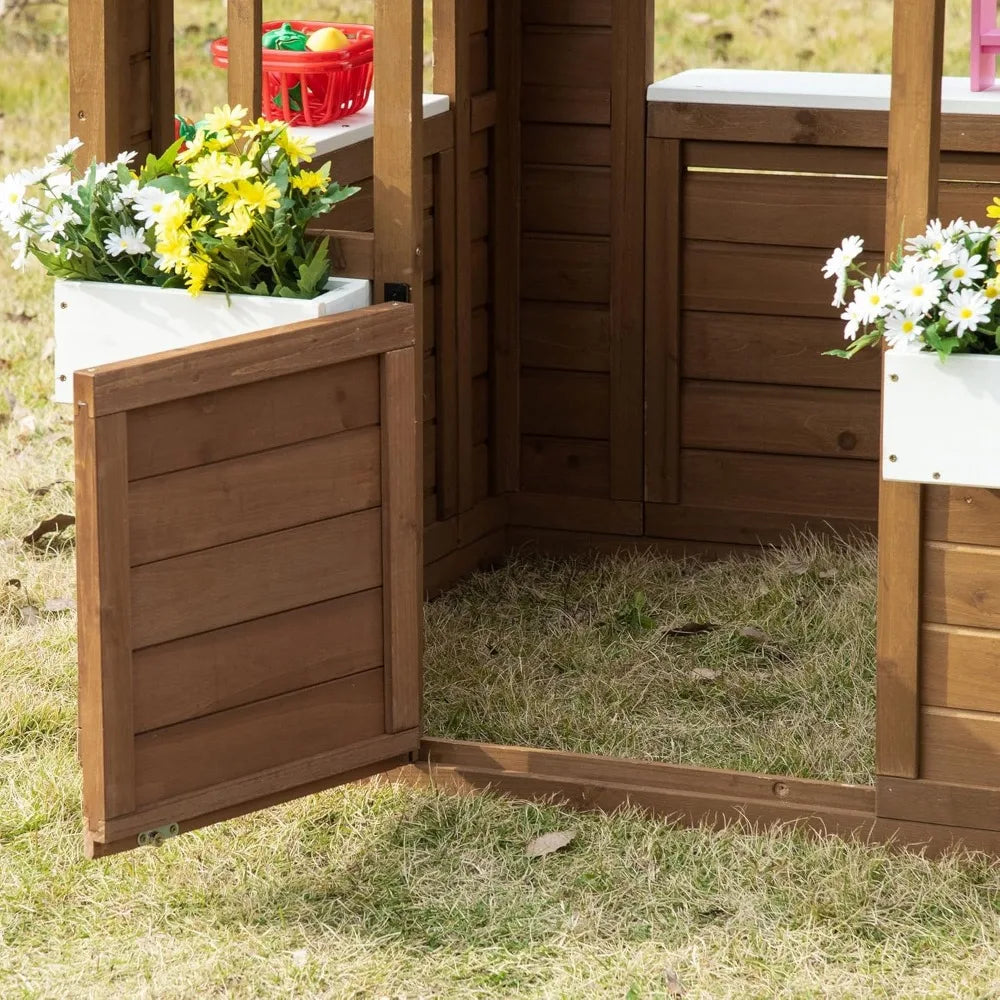 Fir Wood Garden Playhouse w/ Open Air Windows, Swing Door, Flower Boxes + Shelves.