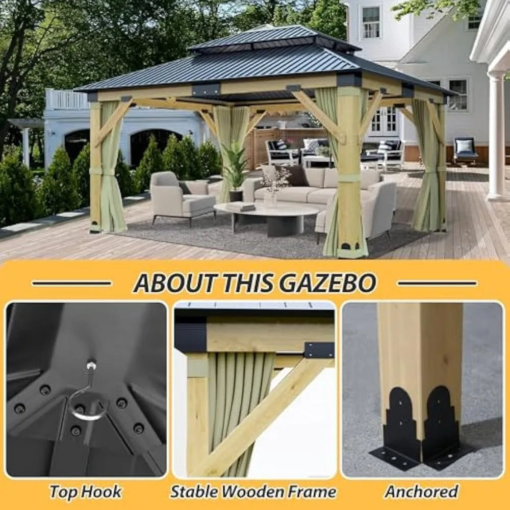 13x15'ft Sturdy Cedar Wood Gazebo w/ Galvanized Steel Ventilation Roof, Nettings + Curtains.
