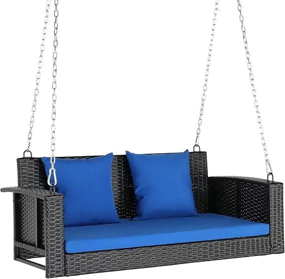 High Quality PE Wicker Rattan Hanging Bench Swing w/ Cushions + Hardware.