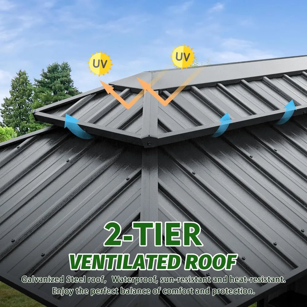 Galvanized Powder-Coated Steel Gazebo w/ 2-Tier Ventilated Roof + 2-Storage Cabinets