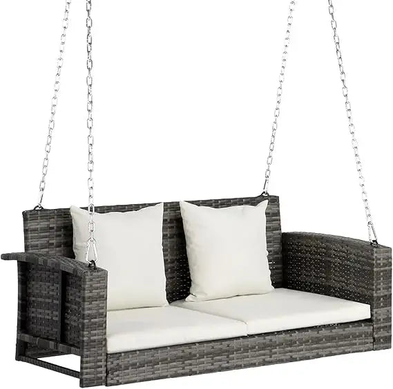 High Quality PE Wicker Rattan Hanging Bench Swing w/ Cushions + Hardware.