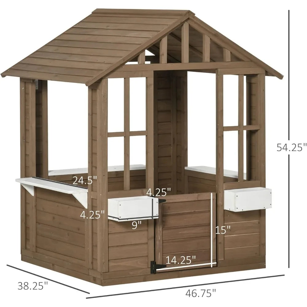 Fir Wood Garden Playhouse w/ Open Air Windows, Swing Door, Flower Boxes + Shelves.