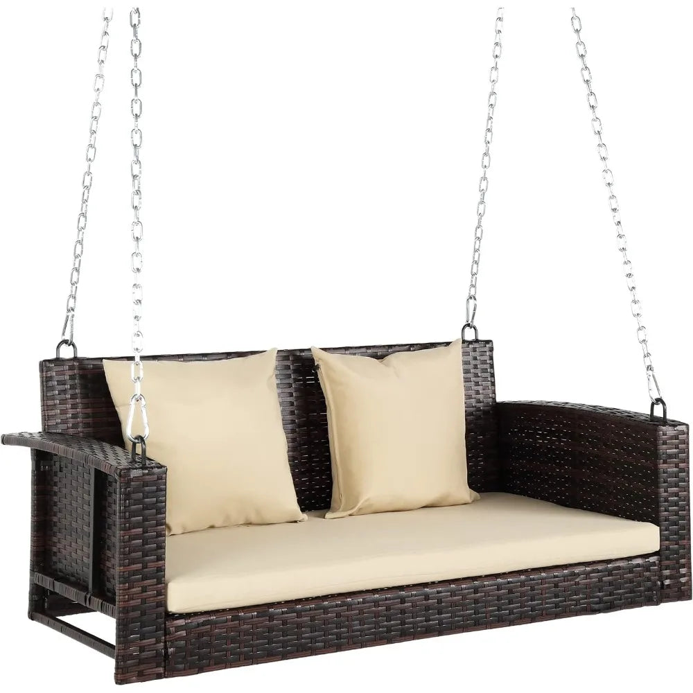 High Quality PE Wicker Rattan Hanging Bench Swing w/ Cushions + Hardware.