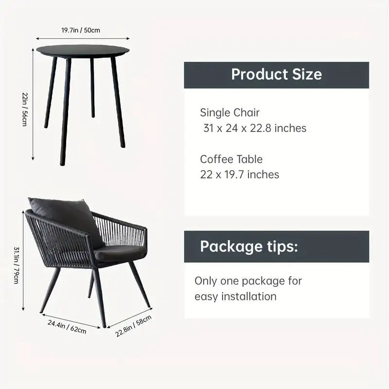 3pcs Aluminum Frame Woven Rope Design Chairs, Set of 2 w/ Cushions + GlassTop Side Table.