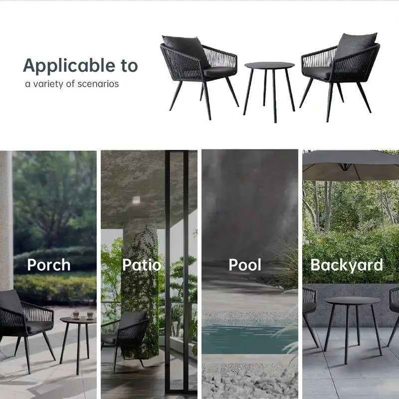 3pcs Aluminum Frame Woven Rope Design Chairs, Set of 2 w/ Cushions + GlassTop Side Table.