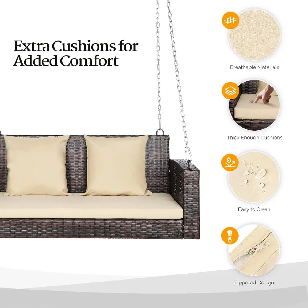 High Quality PE Wicker Rattan Hanging Bench Swing w/ Cushions + Hardware.