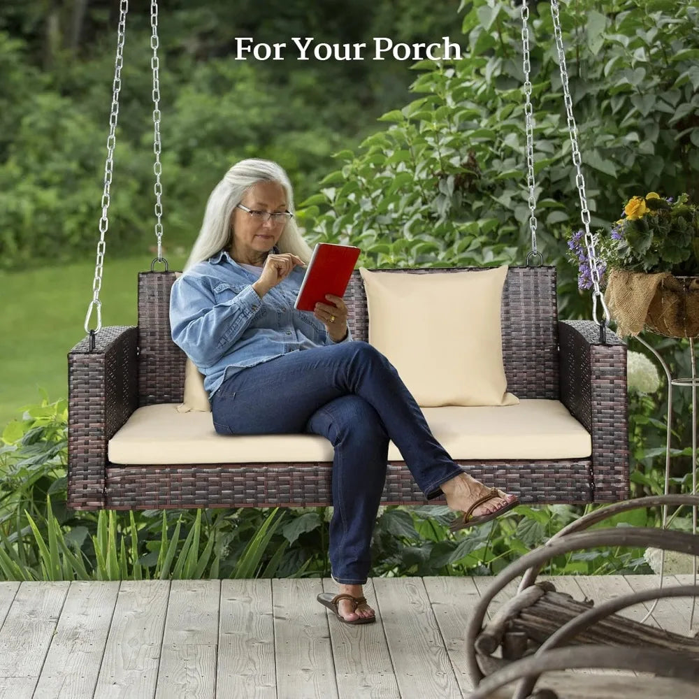 High Quality PE Wicker Rattan Hanging Bench Swing w/ Cushions + Hardware.