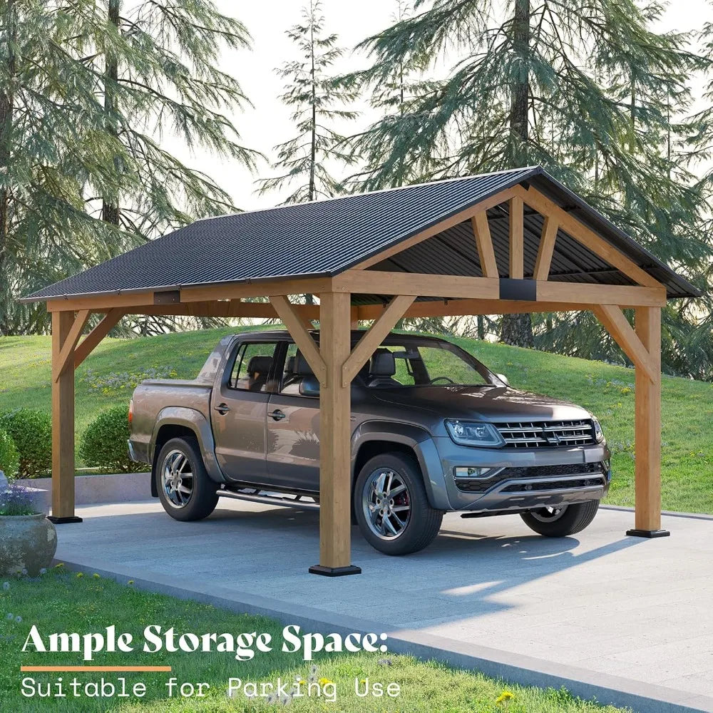 13x15 Gazebo w/ Thick Wood Posts, Anchoring Plates, Steel Gable Roof , Side Bar + Storage Cupboard.