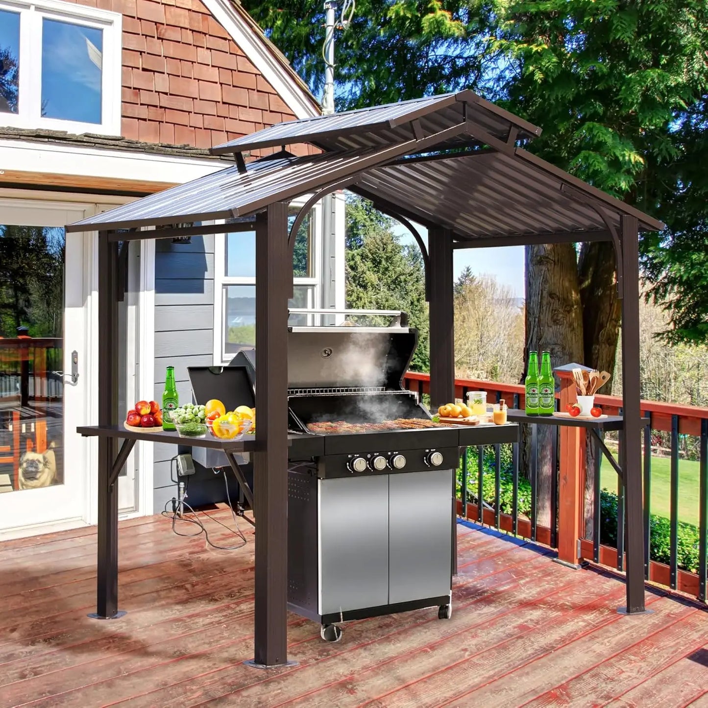 Galvanized Steel Gazebo, Ventilated Roof, 4-Thick Posts w/ Anchoring Plates + 2-Shelves.