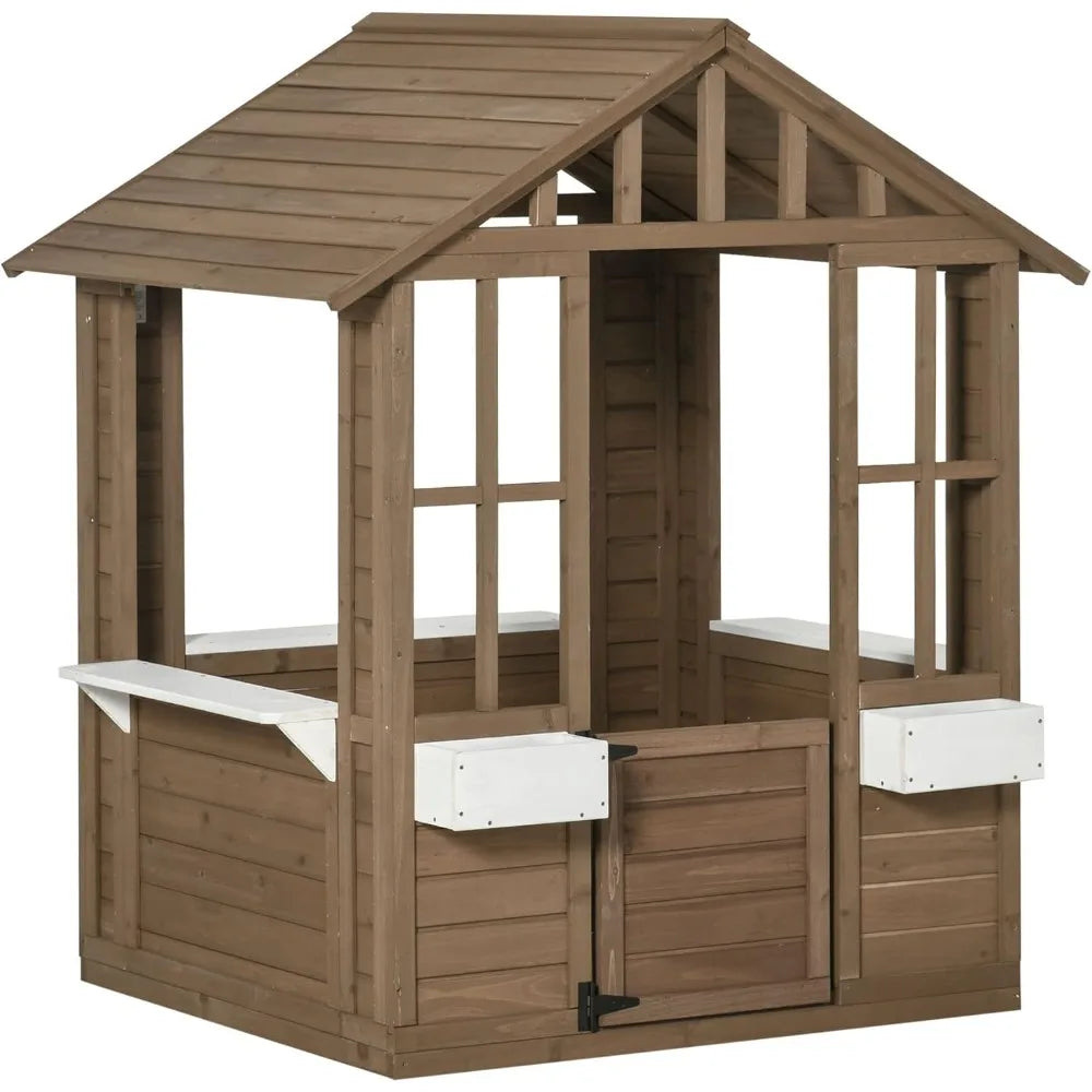 Fir Wood Garden Playhouse w/ Open Air Windows, Swing Door, Flower Boxes + Shelves.