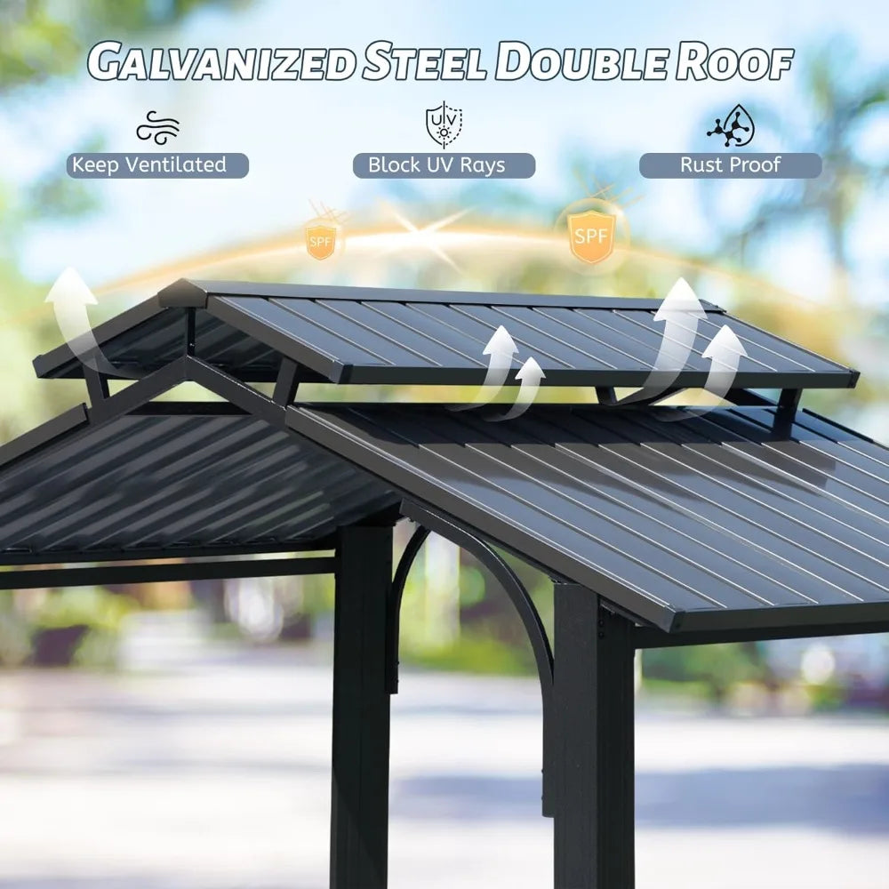 Galvanized Steel Gazebo, Ventilated Roof, 4-Thick Posts w/ Anchoring Plates + 2-Shelves.