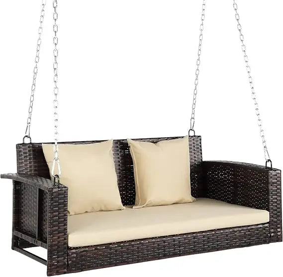 High Quality PE Wicker Rattan Hanging Bench Swing w/ Cushions + Hardware.