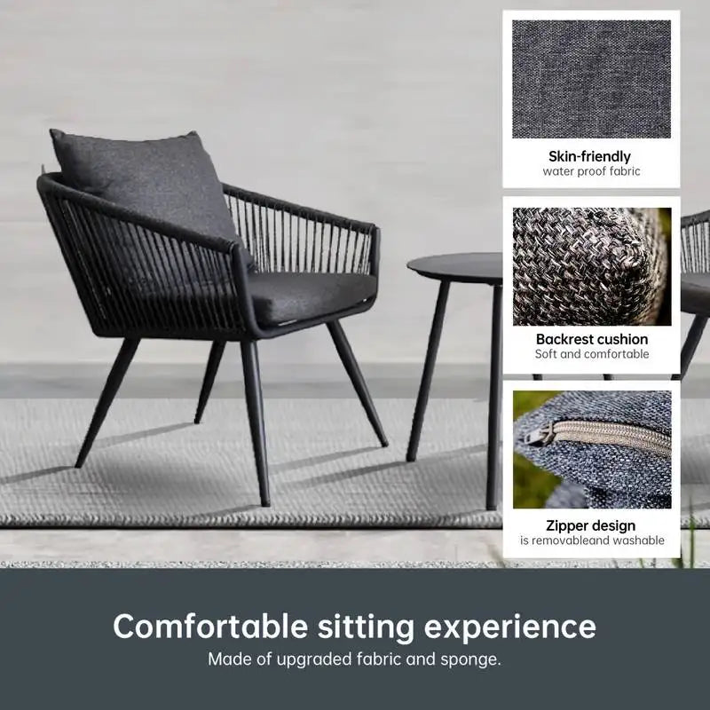 3pcs Aluminum Frame Woven Rope Design Chairs, Set of 2 w/ Cushions + GlassTop Side Table.