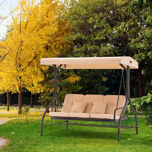 Heavy Duty Steel Hanging 3-Seat Bench Swing w/ Cushions. Adjustable Canopy + Backrest.