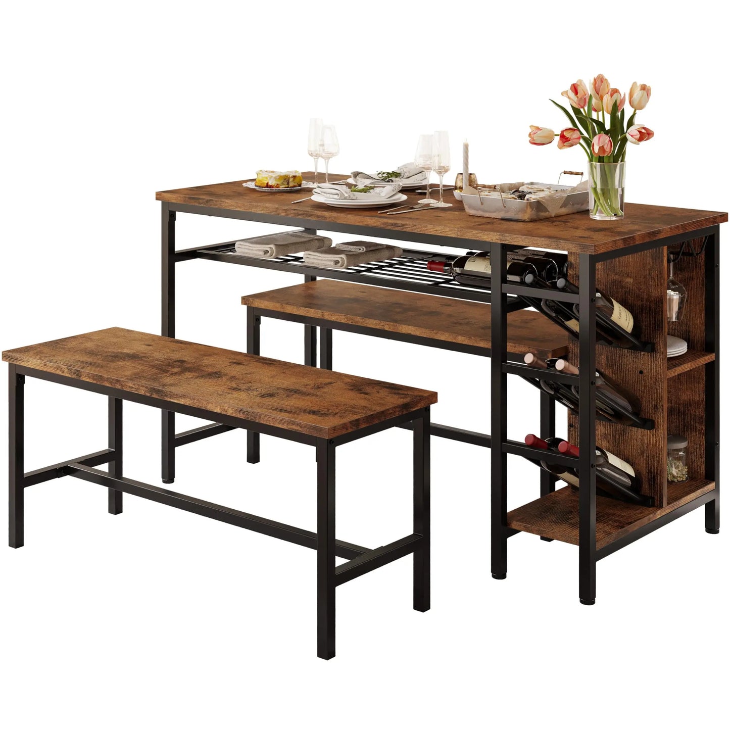 Rustic Patio, Kitchen, Dining Table Set Incl. 2-Bench Seats + Table w/ Shelf Storage.