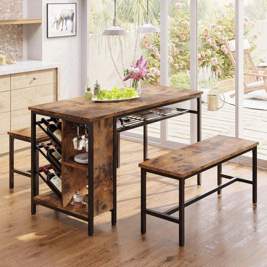 Rustic Patio, Kitchen, Dining Table Set Incl. 2-Bench Seats + Table w/ Shelf Storage.