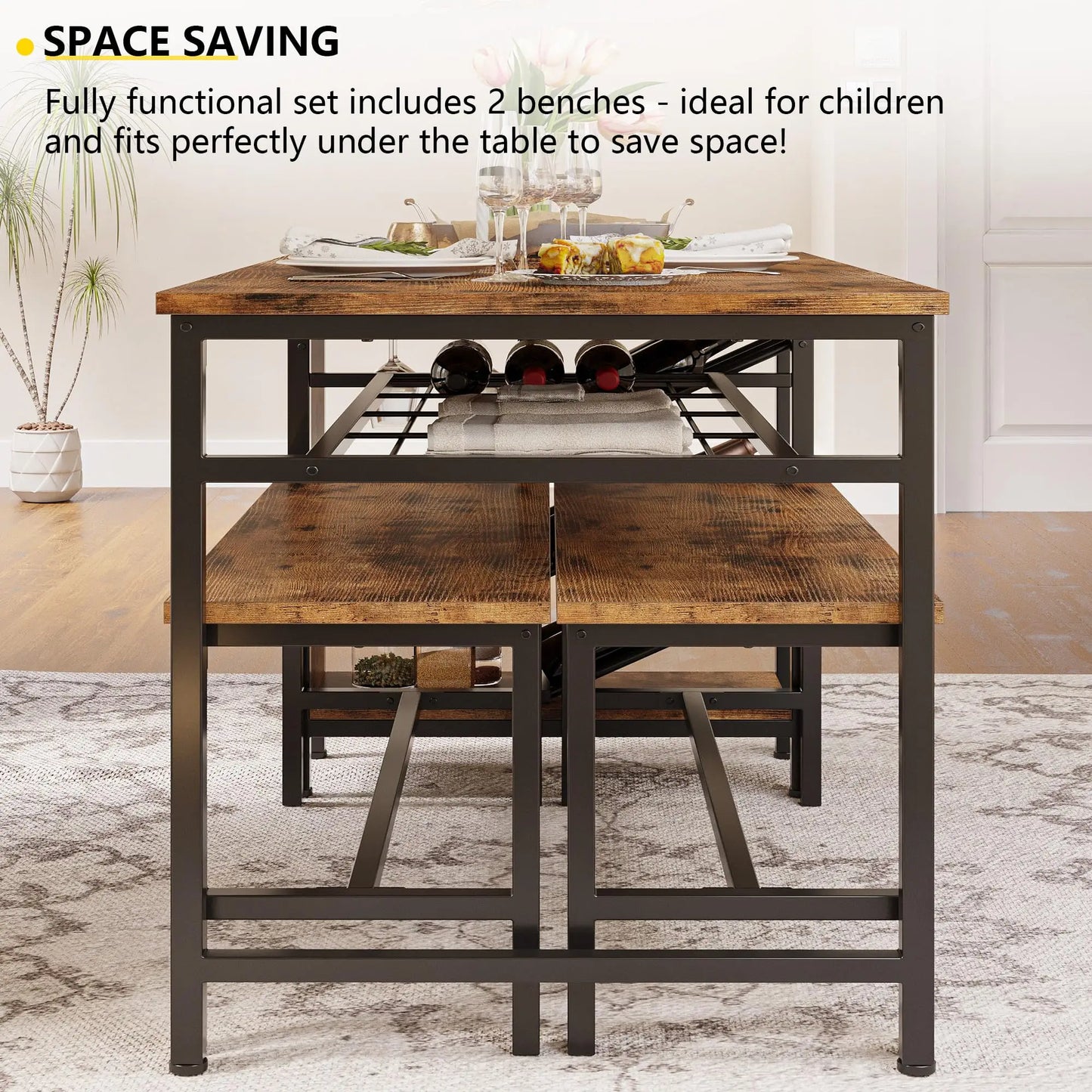 Rustic Patio, Kitchen, Dining Table Set Incl. 2-Bench Seats + Table w/ Shelf Storage.