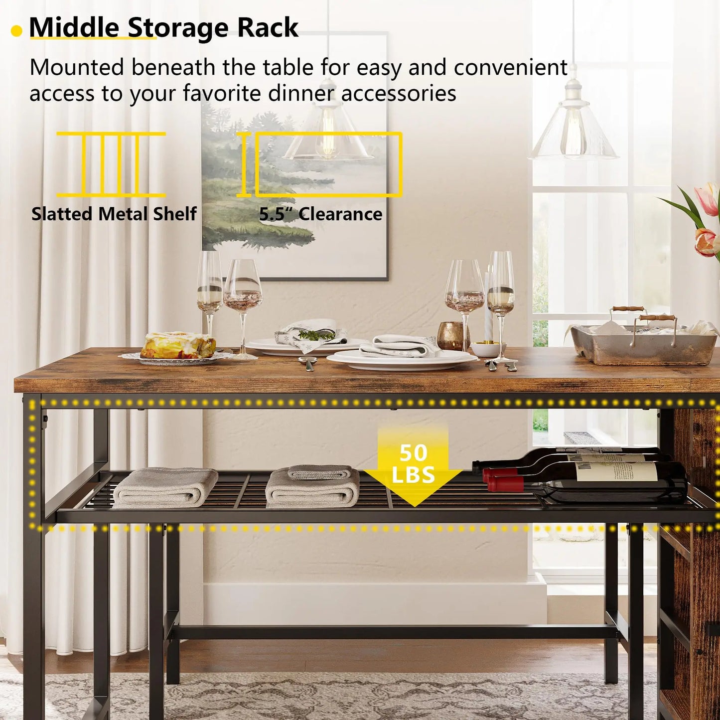 Rustic Patio, Kitchen, Dining Table Set Incl. 2-Bench Seats + Table w/ Shelf Storage.