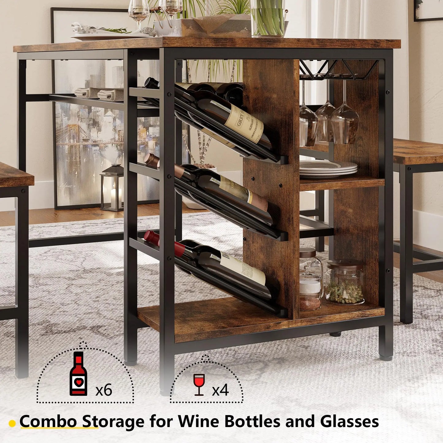 Rustic Patio, Kitchen, Dining Table Set Incl. 2-Bench Seats + Table w/ Shelf Storage.