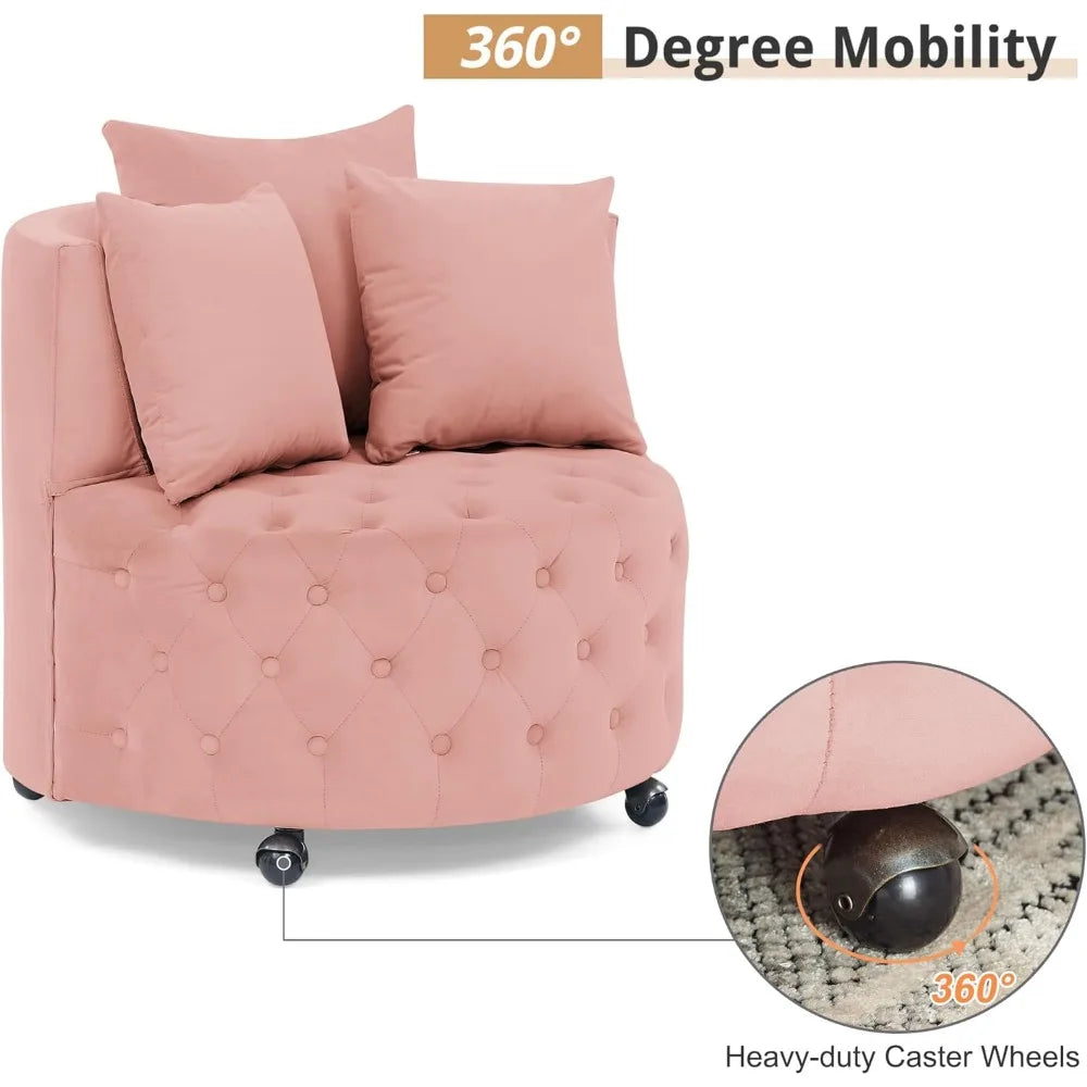 Modern Button-Tufted Round Swivel Club Lounge Chair on Wheels w/ 3-Pillows.