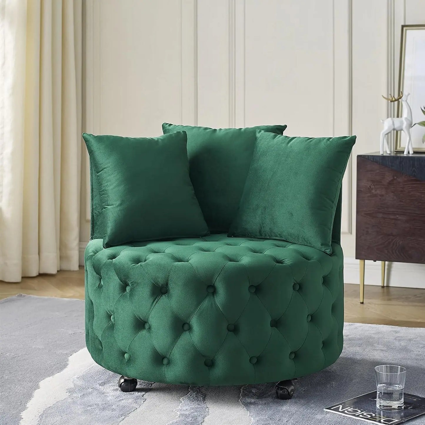 Modern Button-Tufted Round Swivel Club Lounge Chair on Wheels w/ 3-Pillows.
