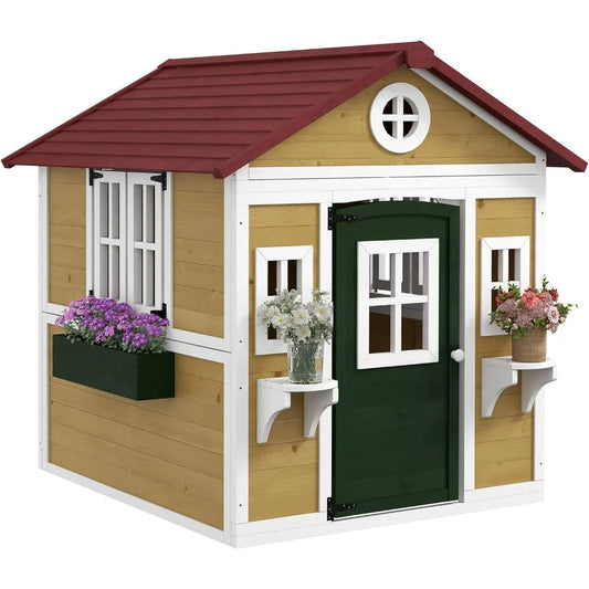 Fir Wood Cottage Playhouse w/ Tilt Roof, Doors, Windows, Planter Boxes + Shelves.