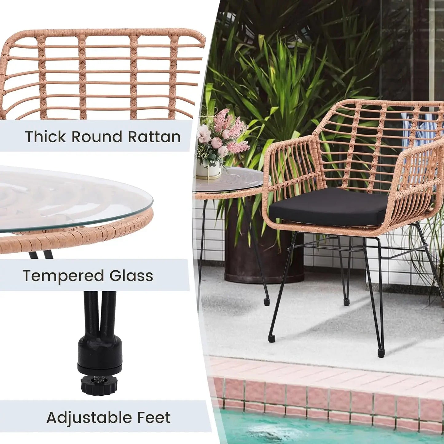 Thick Round Rattan Arm Chairs + Table Set w/ Sturdy Steel Frame + Tempered Glass Top.