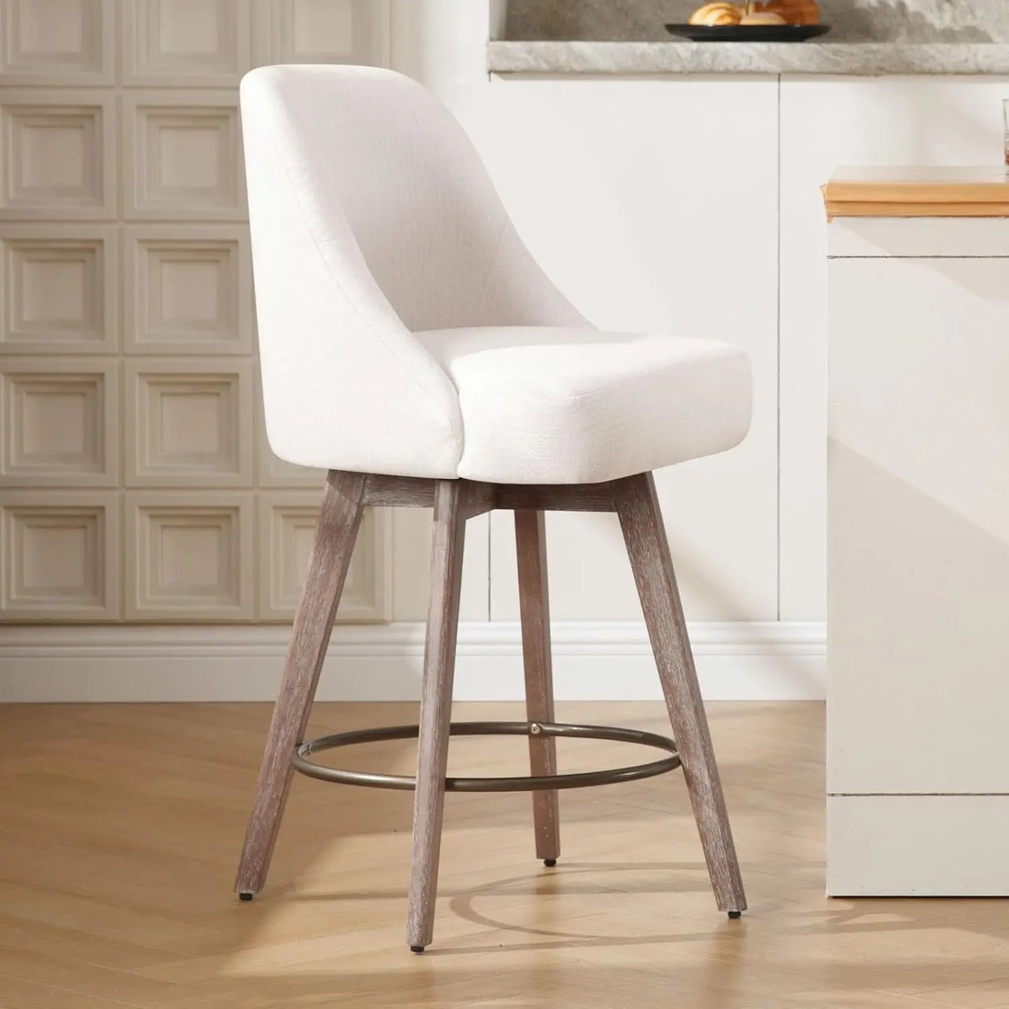 Ergonomic Swivel Bar Stool Chairs, Wood Base w/ Upholstered Linen or Faux Leather. Set of 2.