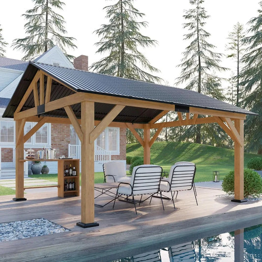 13x15 Gazebo w/ Thick Wood Posts, Anchoring Plates, Steel Gable Roof , Side Bar + Storage Cupboard.
