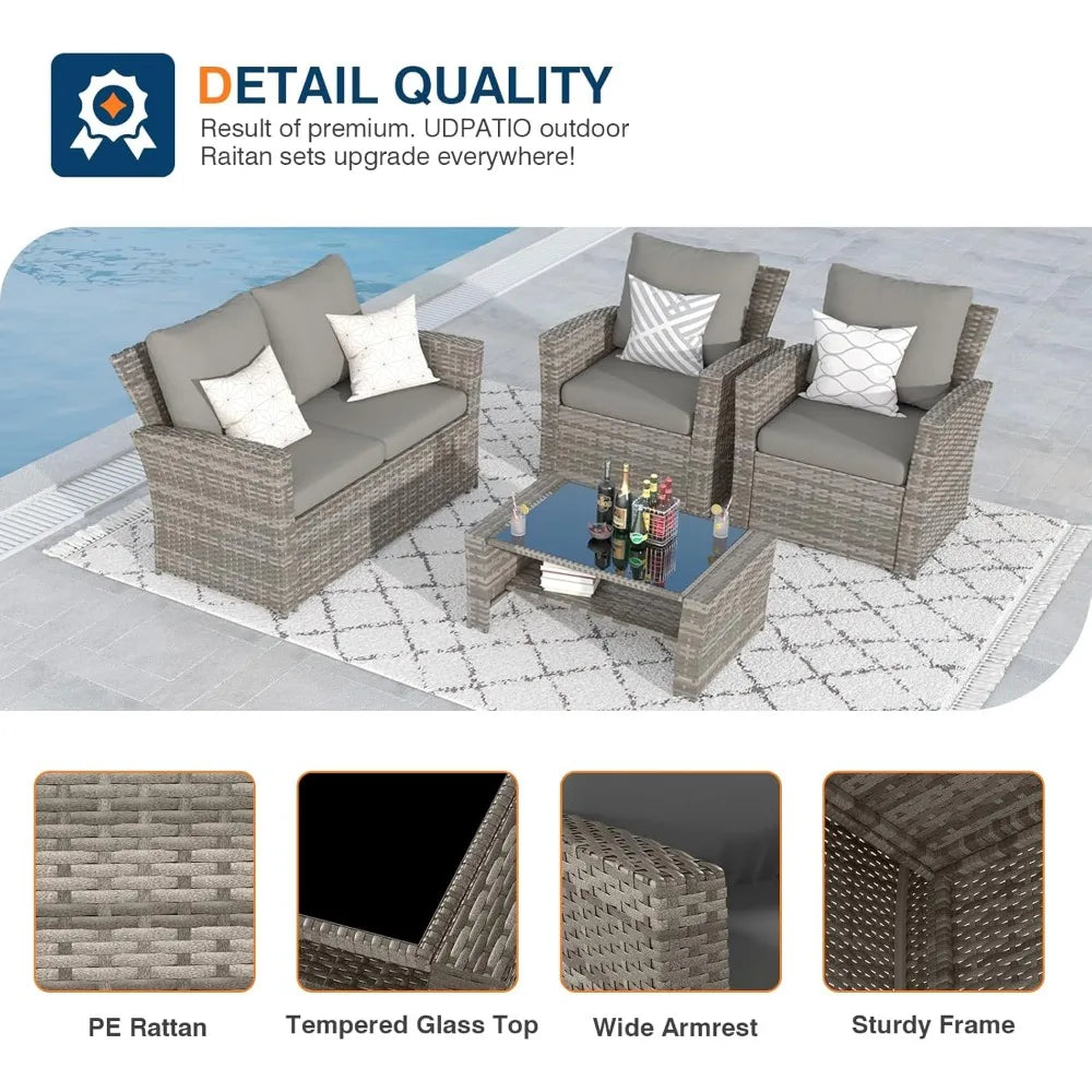 Sturdy PE Rattan Wide Arm Loveseat, 2-Chairs w/ Cushions + Tempered GlassTop Table Set.