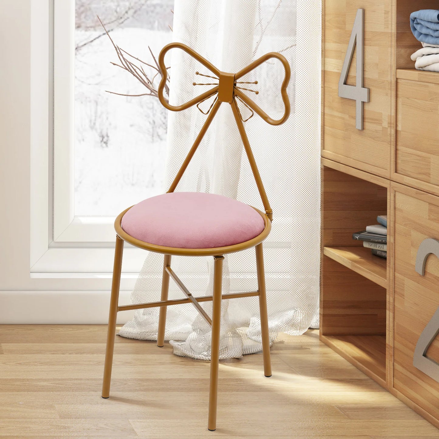 Gold Metal Framed Vanity Style Chair w/ Butterfly Bow Tie Backrest + Velvet Cushion.