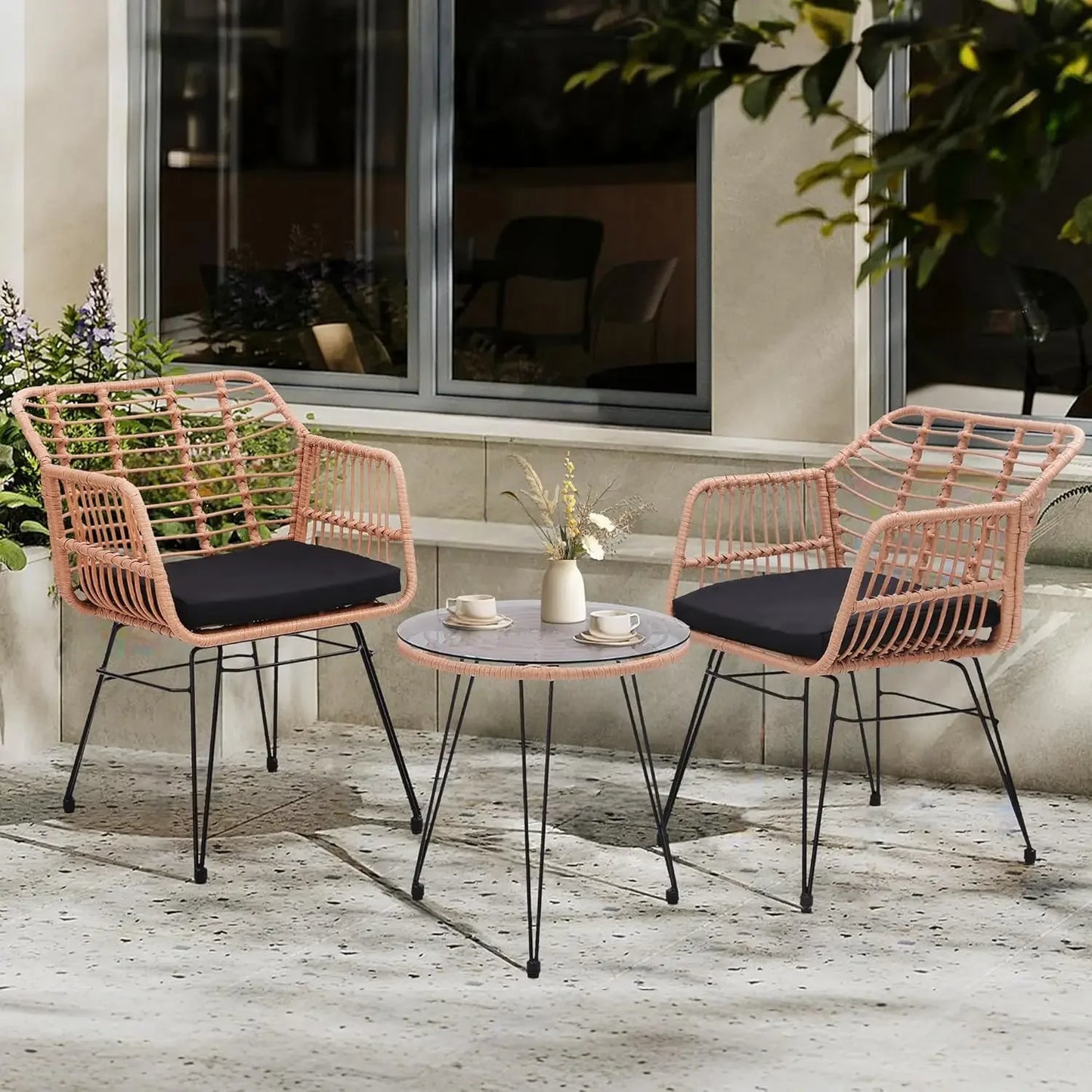 Thick Round Rattan Arm Chairs + Table Set w/ Sturdy Steel Frame + Tempered Glass Top.
