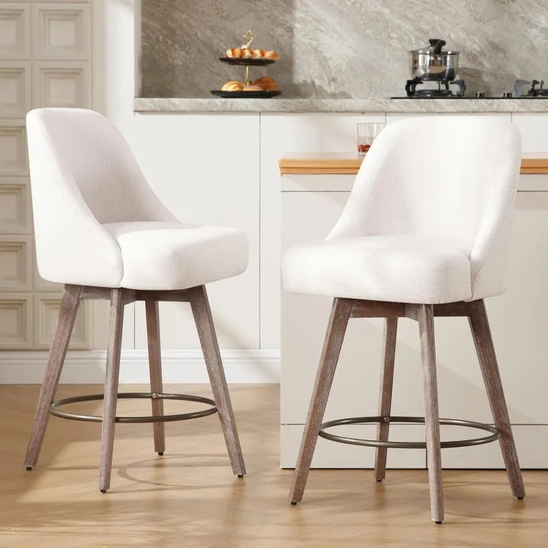 Ergonomic Swivel Bar Stool Chairs, Wood Base w/ Upholstered Linen or Faux Leather. Set of 2.