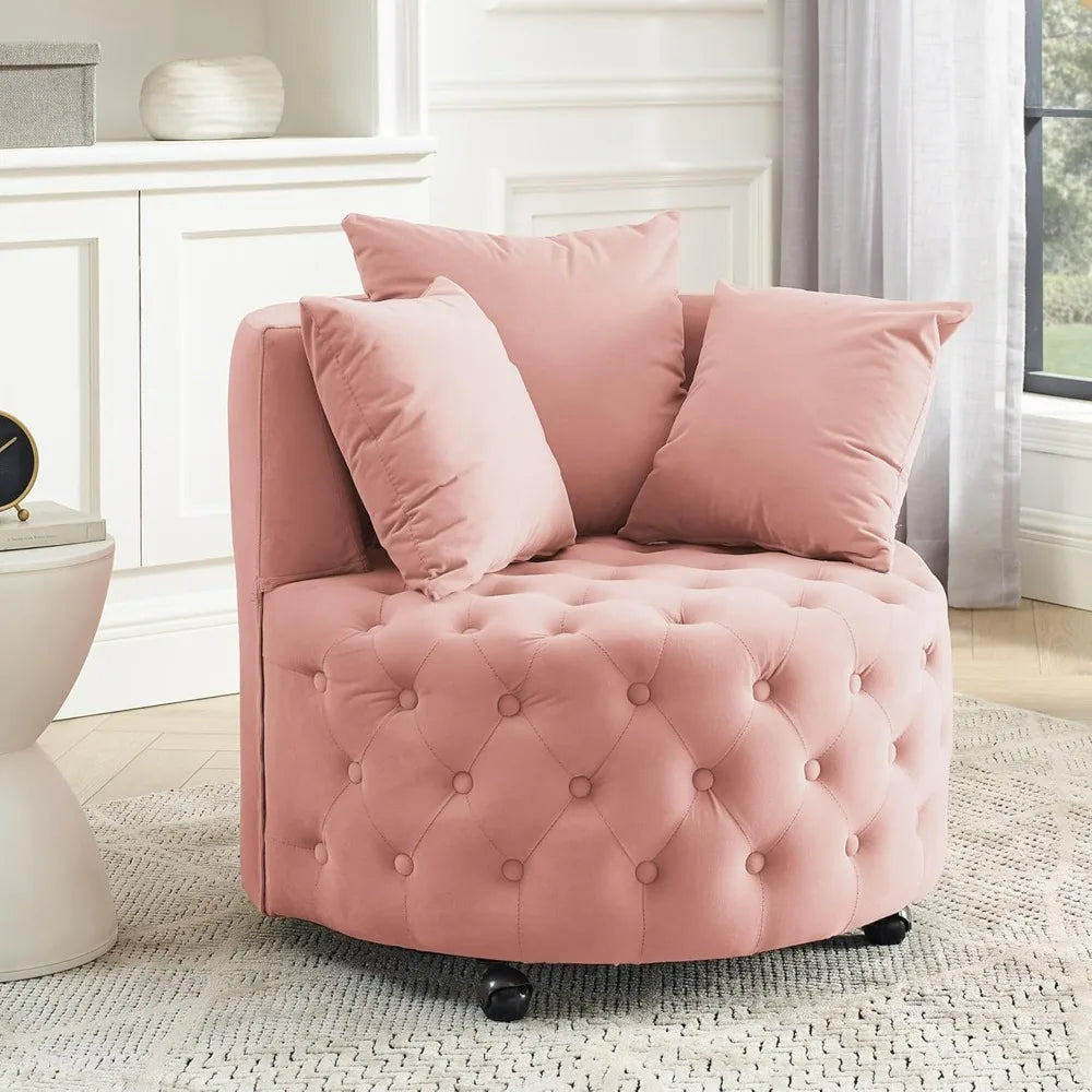 Modern Button-Tufted Round Swivel Club Lounge Chair on Wheels w/ 3-Pillows.