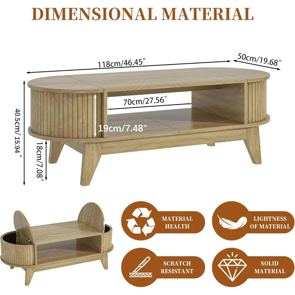 Mid-Century Modern Oval Coffee Table w/ Shelf + Hidden Storage.