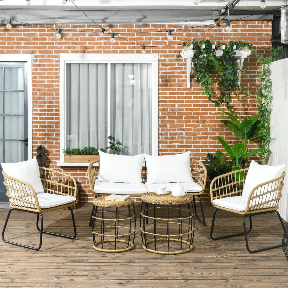 Handwoven PE Rattan + Metal Loveseat, 2-Chairs, 2-Tables Set w/ Cushions.