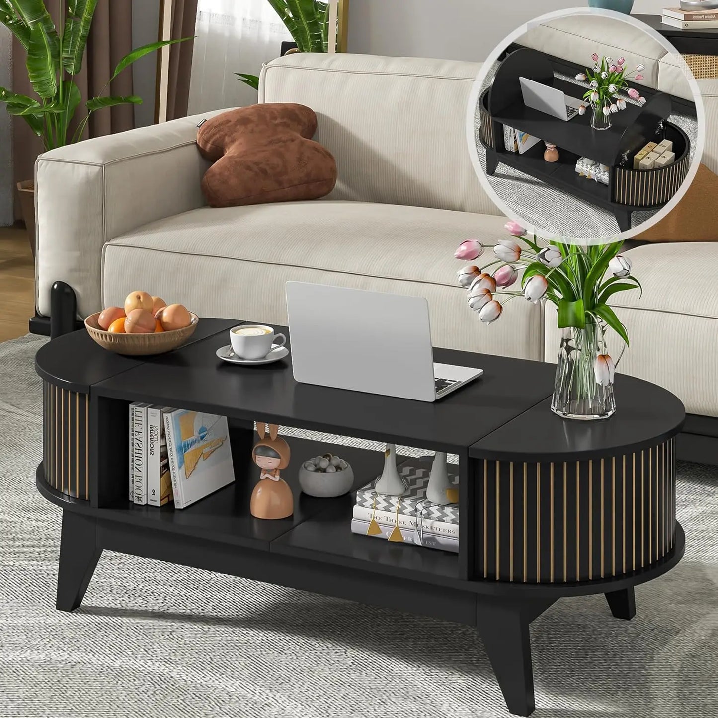 Mid-Century Modern Oval Coffee Table w/ Shelf + Hidden Storage.