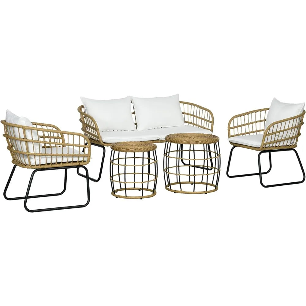 Handwoven PE Rattan + Metal Loveseat, 2-Chairs, 2-Tables Set w/ Cushions.