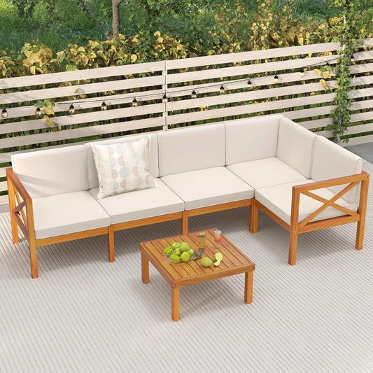 Modern L-Shaped Sofa Sectional Set w/ Cushions + Table. Solid Acacia Wood.