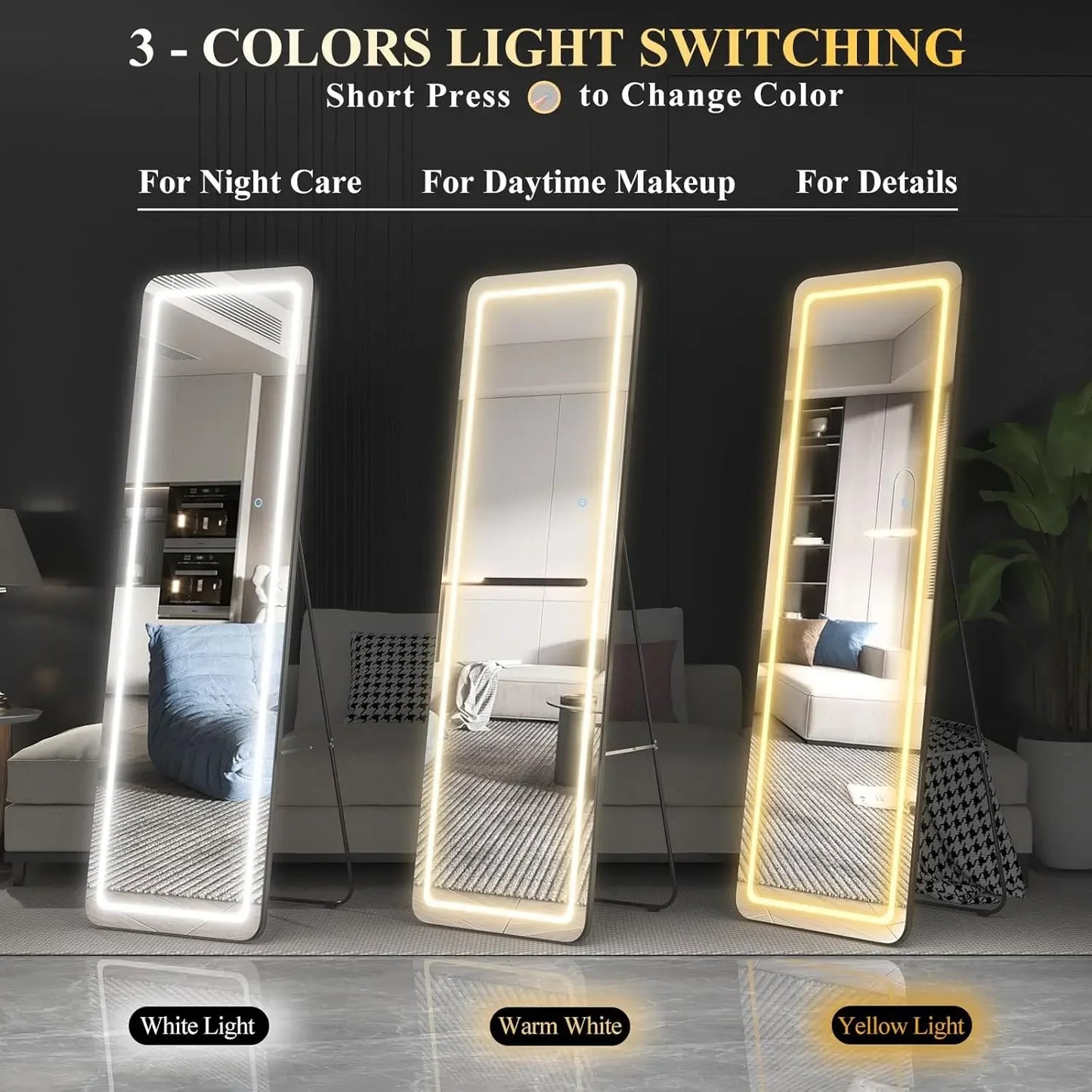 Modern Free Standing or Wall Mount Mirror w/ Dimming Light.