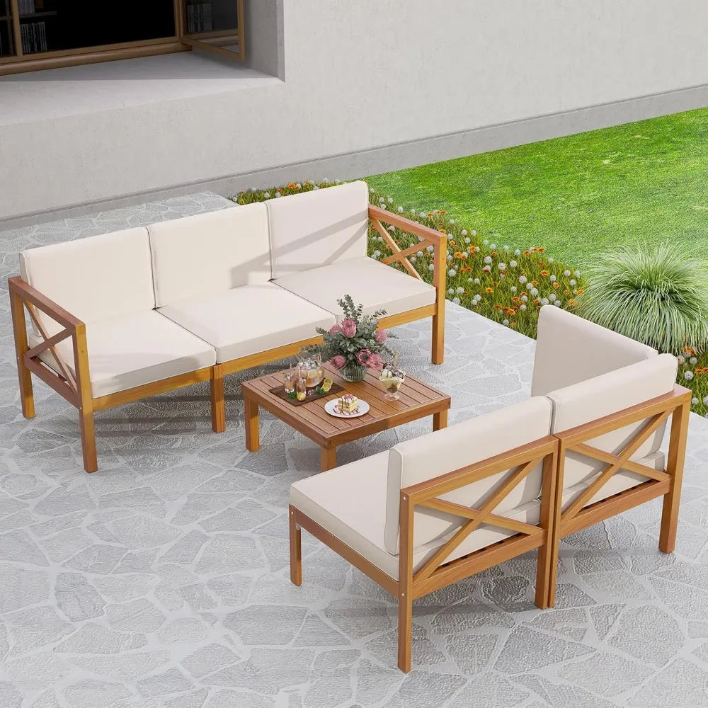 Modern L-Shaped Sofa Sectional Set w/ Cushions + Table. Solid Acacia Wood.